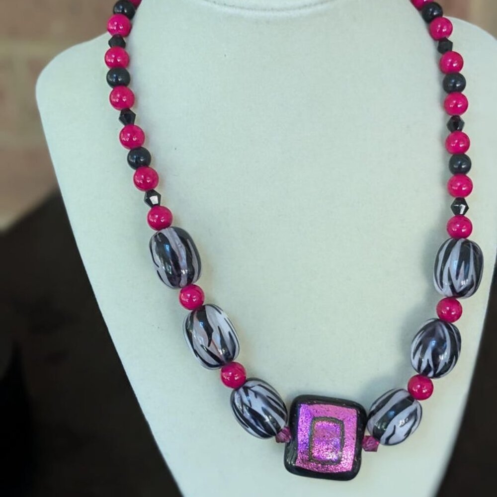 Fuchsia Glass Pendant Necklace, Hand Painted Glass Beads, Bold Black and Pink